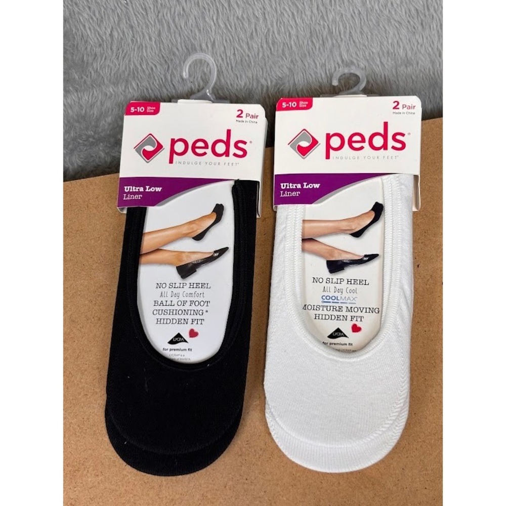 Peds Ultra Low Liner Socks 4 Pairs Black White Shoe Size 5-10 No Slip Heel New